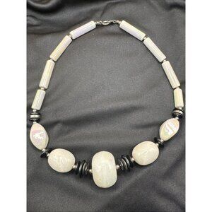 Vintage Japan KOMATSU Statement Necklace Porcelain Beaded White Black Rare